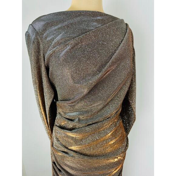 Betsey & Adam Size 14 Cape Sleeve Drape Metallic Evening Gown Taupe Modest $258 - Picture 7 of 14